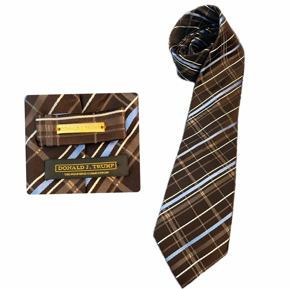Donald J Trump Brown and Blue Plaid Silk Tie Silk Vintage 90s